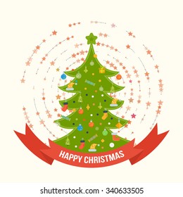 Green stylized tree with a star, Christmas ornaments and gift. Happy New Year. Cute invitation card with a Christmas tree and space for text. Merry Christmas vintage design greeting card background
