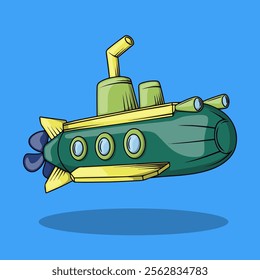 Green submarine or bathyscaphe diving in deep sea