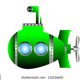 Green submarine on white background