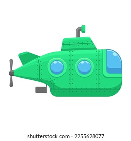 Green submarine with periscope isolated on white background. Underwater ship, bathyscaphe floating under sea water. Vector illustration