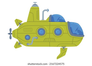 Green Submarine Watercraft Swimming Underwater Vector Illustration