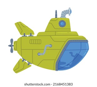 Green Submarine Watercraft Swimming Underwater Vector Illustration