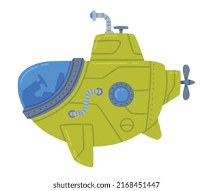 Green Submarine Watercraft Swimming Underwater Vector Illustration