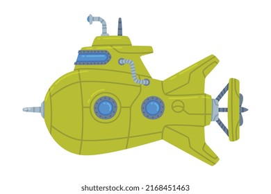 Green Submarine Watercraft Swimming Underwater Vector Illustration