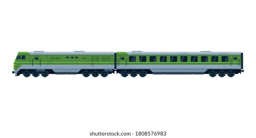 Green Suburban Passenger Train, Railroad Transportation Flat Vector Illustration on White Background