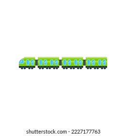 Green suburban train cartoon illustration. Green kids locomotive, suburban train, electric railway, engine or wagons. Entertainment, recreation, childhood, transportation, vehicle concept