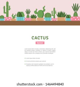 Green succulent and cactus background. Houseplant collection in pastel ceramic pots. Flat simple elements on white. Cute cartoon style. Eco concept. Typographic template for text. Vector illustration