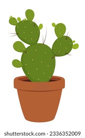 Green succulent opuntia plant in ceramic pot. Isolated vector engelmann prickly pear, nopal, paddle, bunny ear, or polka dot. Beavertail, santa rita, indian fig, cholla, cow tongue, diamond cholla