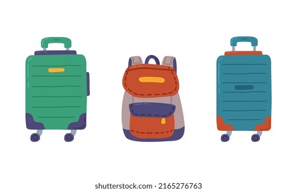 Green suitcase on wheels and backpack. Summer vacation objects cartoon vector illustration
