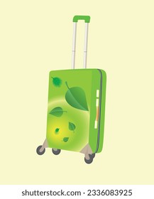 Green suitcase on wheels with painted leaves.