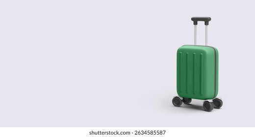 Green Suitcase On Wheels With Telescopic Handle In Minimalist 3D Style, Standing On Light Background. Perfect Symbol For Travel, Packing, Or Vacation Concepts. Clean Vector Illustration.