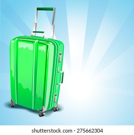 Green suitcase for travel on a blue background