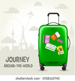 Green Suitcase With Travel Tags And Landmarks Of Europe, Tourism Poster, Vector