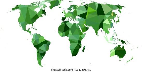 Green summer All World Map in Low Poly Style on isolated white background. Earth  area in Polygonal diamond style for your design.