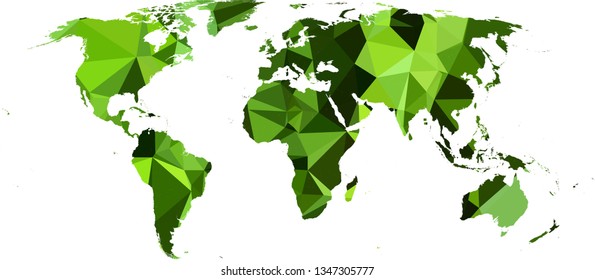 Green summer All World Map in Low Poly Style on isolated white background. Earth  area in Polygonal diamond style for your design.