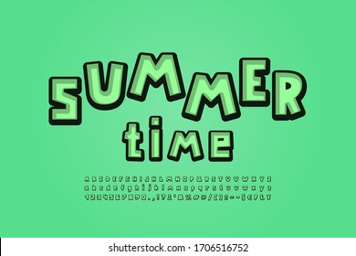 Green summer alphabet cartoon square shape fonts. Uppercase and lowercase letters, numbers, punctuation marks. Vector illustration