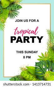 Green summer background with exotic leaves. Tropical party vector illustration. Place for your text. Seasonal template for vacation, poster, banner, flyer, invitation, pool party.