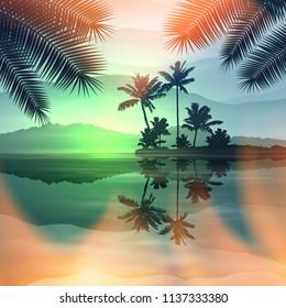 Green summer background with sea and palm trees