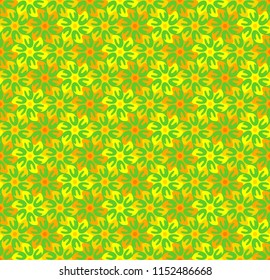 Green summer background with yellow and orange flowers. Seamless pattern.