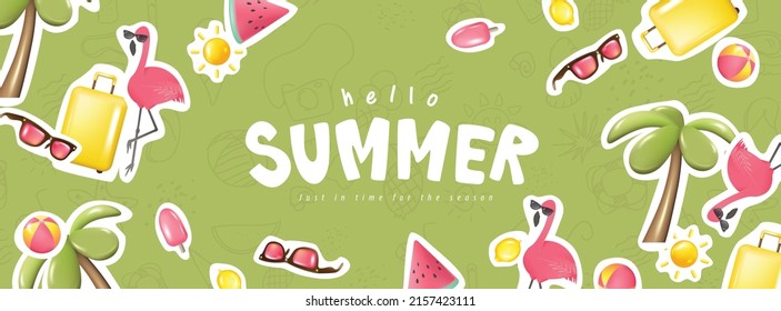 Green Summer Banner Background With Sticker Beach Vibes Decorate 