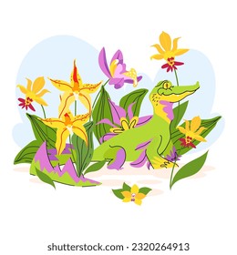 Green summer dragon with orchid flower and leaves isolated on white background. The symbol of the year. Summer tropic Vector illustration cartoon flat character magic creature