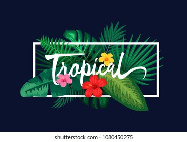 Green summer with exotic palm leaves and hibiscus flowers. Vector illustration