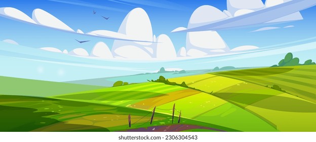 Campo verde de verano en un día soleado. Dibujo vectorial de la hermosa naturaleza rural, área rural, hierba exuberante o cultivos agrícolas en tierras de cultivo, aves volando en cielo azul con nubes