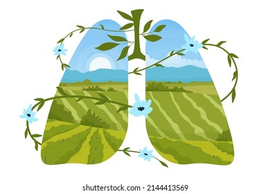 Green summer fields and vineyards, pure clean nature inside abstract human lungs vector illustration. Cartoon wild flowers wrap around eco body organ for breathing isolated on white. Earth day concept