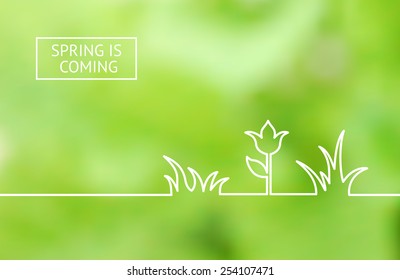 Green summer flower line design, horizontal card. Vector illustration.