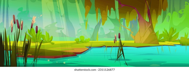 Green summer forest lake with cane and willow tree. Vector cartoon illustration of sunlit green park, sparkling river or pond water surface, beautiful natural scenery for magic fairy tale background