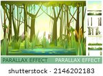 Green summer forest landscape. Image from layers for overlay with parallax effect. Swampy coast with cattails and reed. Flat style. Leaves of water lilies. Quiet river or lake. Wild overgrown pond