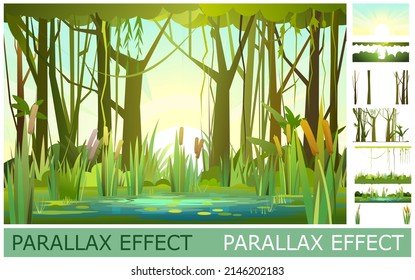 Green summer forest landscape. Image from layers for overlay with parallax effect. Swampy coast with cattails and reed. Flat style. Leaves of water lilies. Quiet river or lake. Wild overgrown pond