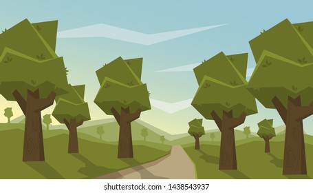 Green summer forest on the background of mountains. Vector illustration.
