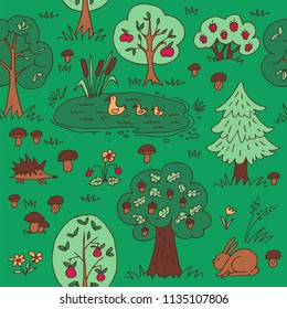 Green summer forest. Seamless pattern with wild animals and trees. Hand drawn style. Design element for textile print or gift wrap.