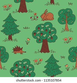 Green summer forest. Seamless pattern with wild animals and trees. Hand drawn style. Design element for textile print or gift wrap.