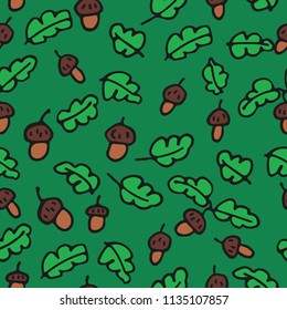 Green summer forest. Seamless pattern with acorns and leaves. Hand drawn style. Design element for textile print or gift wrap.
