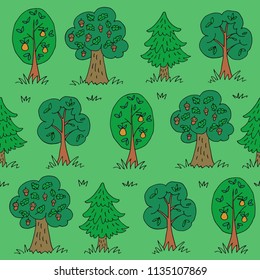 Green summer forest. Seamless pattern with  trees. Hand drawn style. Design element for textile print or gift wrap.