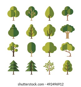 Green Summer Forest Tree Flat Vector Icons. Pine And Oak, Evergreen Plant Illustration