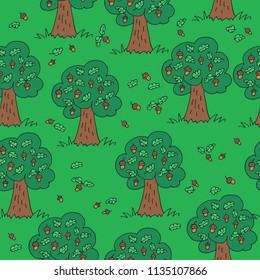 Green summer grove. Seamless pattern with acorns and trees. Hand drawn style. Design element for textile print or gift wrap.