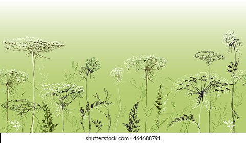 Green summer herbal seamless border with herbs and grass on green background. Herbal design for badges, banners, bio products package and eco designs. Vector illustration stock vector.