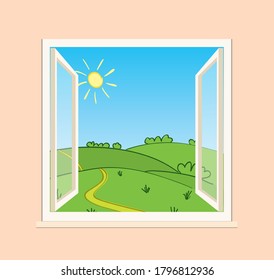 green summer hills behind open window - vector illustration