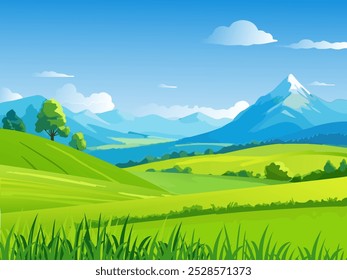 Paisaje verde del verano. Hermoso panorama natural en verano y primavera. Acantilado y colina cerca de árboles y arbustos. Prado y césped del campo. Ilustración vectorial plana de dibujos animados