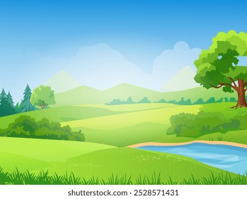 Paisagem verde de verão. Belo panorama natural com rio. Arbustos e árvores perto da água em dias ensolarados. Morro tranquilo com grama. Ambiente e natureza. Ilustração de vetor plana de desenhos animados