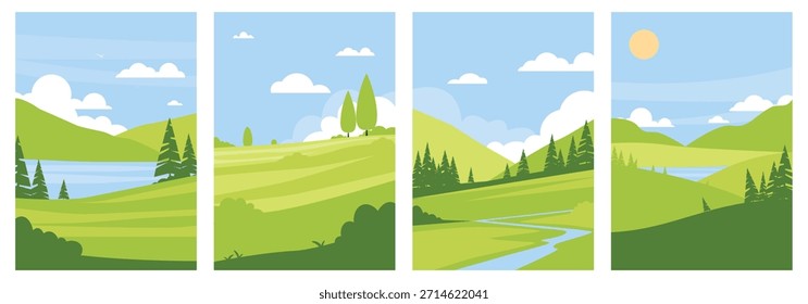 Tarjetas verdes del paisaje del verano. Fondos planos de la naturaleza, campos de paisaje de la naturaleza, colinas, ríos y árboles, agricultura Plantillas de paisaje rural Anuncios de Vertical, Vector cualitativo conjunto minimalista