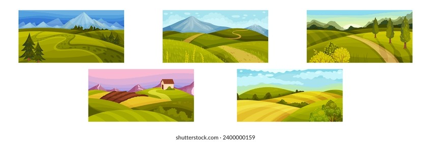 Green Summer Landscape with Field, Hills and Mountains Vector Set