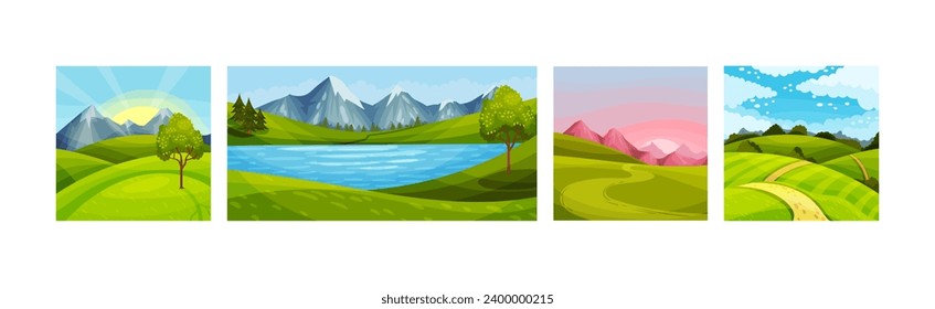 Green Summer Landscape with Field, Hills and Mountains Vector Set