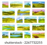 Green Summer Landscape with Field, River and Mountains Big Vector Set