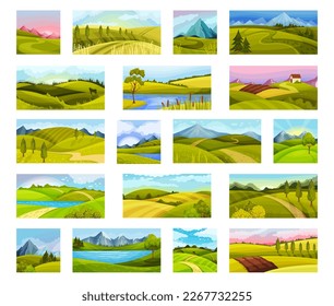 Grüne Sommerlandschaft mit Feld, Fluss und Berge Big Vector Set