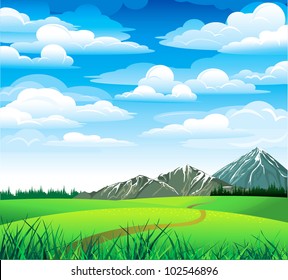 Green summer landscape with meadow, forest and mountains on a blue cloudy sky