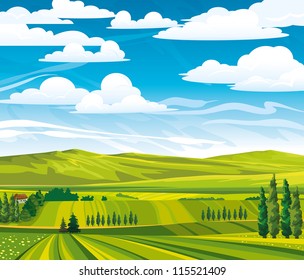 Green summer landscape with meadows and trees on a cloudy sky